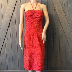 Express Strapless Red Dress with Floral Design